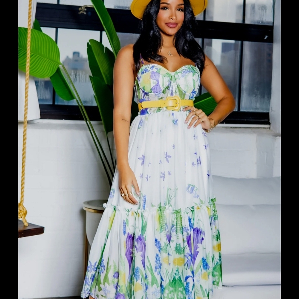 L'ATISTE White and Purple Floral Maxi Dress Sz M BridgertonCore Cottagecore Wedd